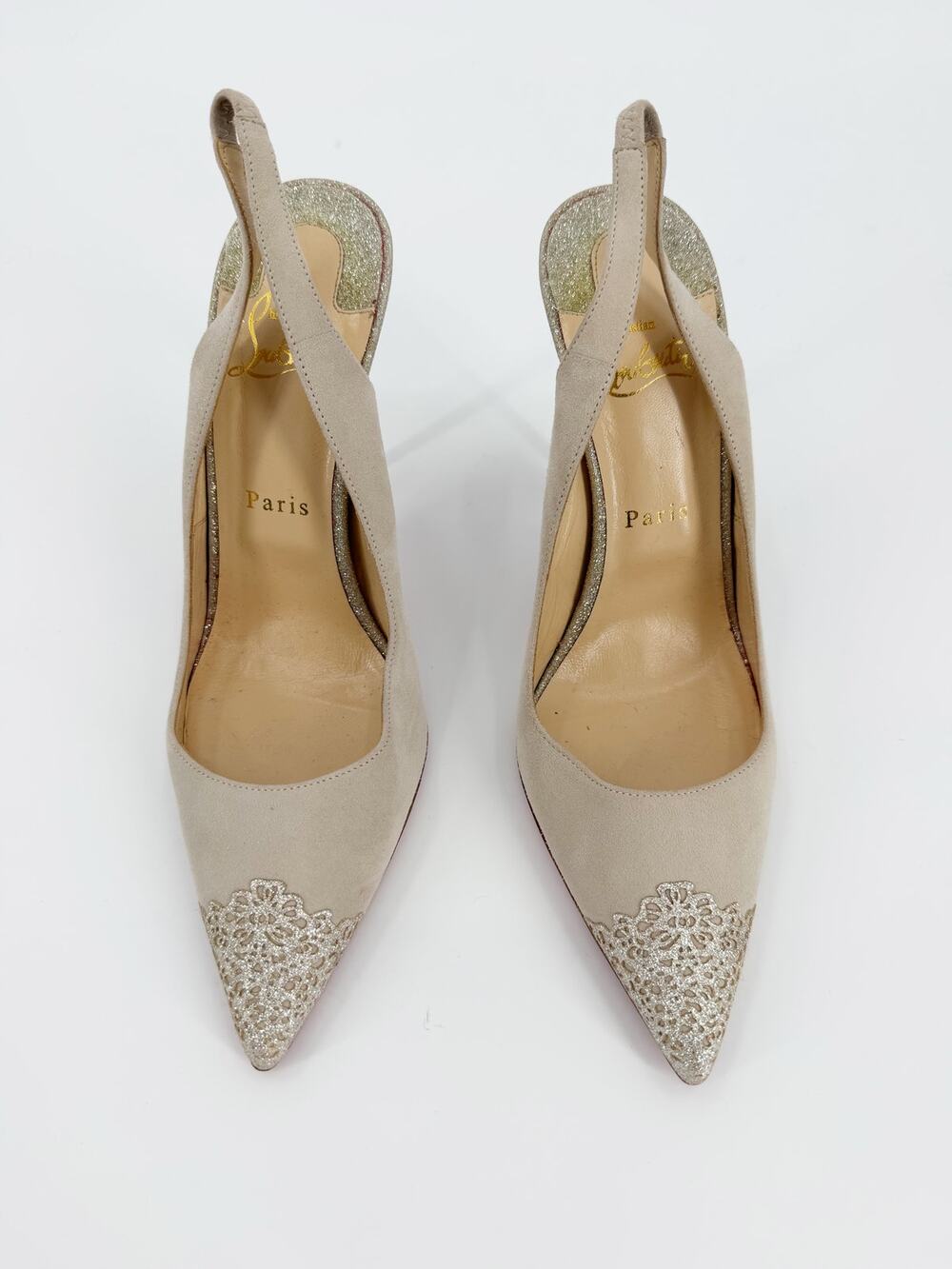 Christian Louboutin Ivory Gray Almine Suede Glitter Slingback Pumps 40 EU 9.5